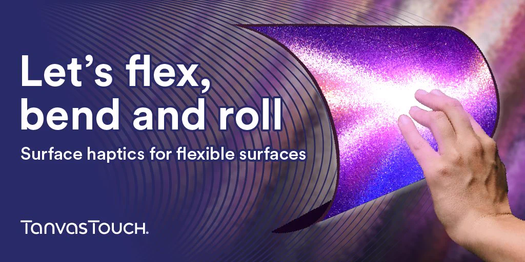 Image of a hand touching a curved digital surface with a bright textured background