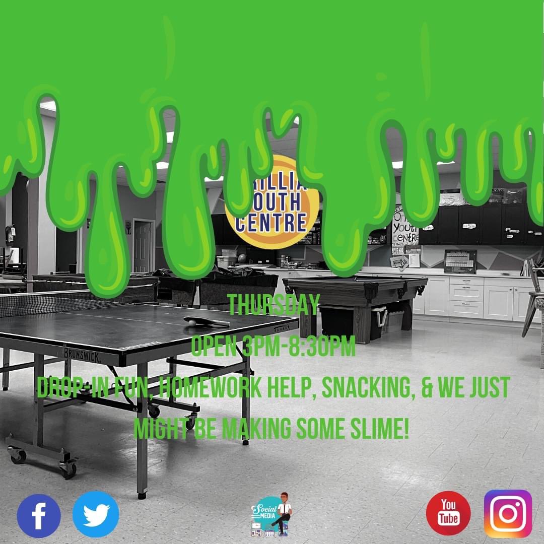 OrilliaYC's tweet photo. Open at 3pm for drop-in fun, snacking, gaming, homework help, and we just might make some slime! See you this afternoon.
#orillia #youth #orilliayouthcentre #thursday #homeworkhelp #makingslime #joinus #dropin #snacking #getinvolved #Getcreative https://t.co/r0gqa7nP7l