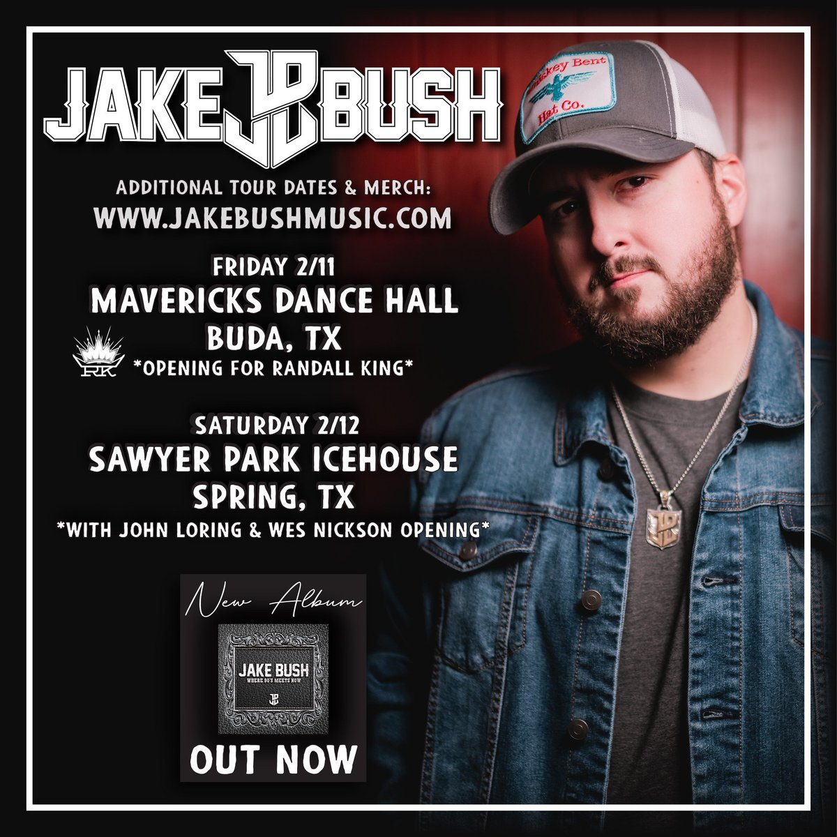 Great line up for @TheJakeBushBand this week!  Friday at Mavericks Dance Hall Buda opening for <a href="/RandallKingBand/">Randall King</a> and Saturday at Sawyer Park Icehouse with guests @JohnLoringband and @Wesnicksonband!  #ifyouevergetlonely  #steenpromotions