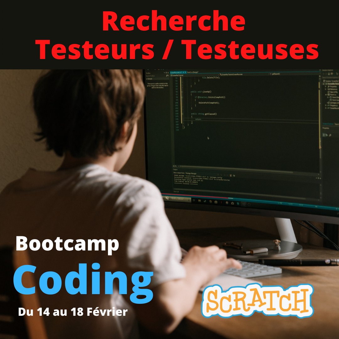 Bonjour, je suis à la recherche de bêta testeurs/ testeuses pour un bootcamp coding en ligne
- classes de 6 ème et 5 ème
- 1h/ jour du 14 au 18 février (lundi - mardi - jeudi - vendredi) 
- programmation avec #scratch bien sûr 😁
Interessés ? 
Un commentaire ou un MP 😉