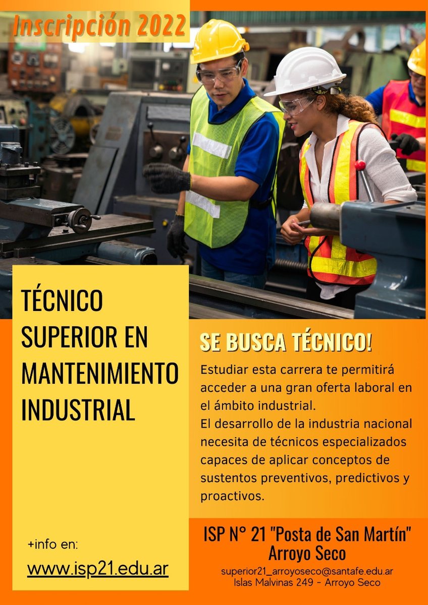 El Instituto Superior de Profesorado Nº 21 "Posta de San Martín" Arroyo Seco anuncia que se encuentra abierta la inscripción al ciclo lectivo 2022 de Técnico Superior en Mantenimiento Industrial.
+Info: isp21-sfe.infd.edu.ar/sitio/