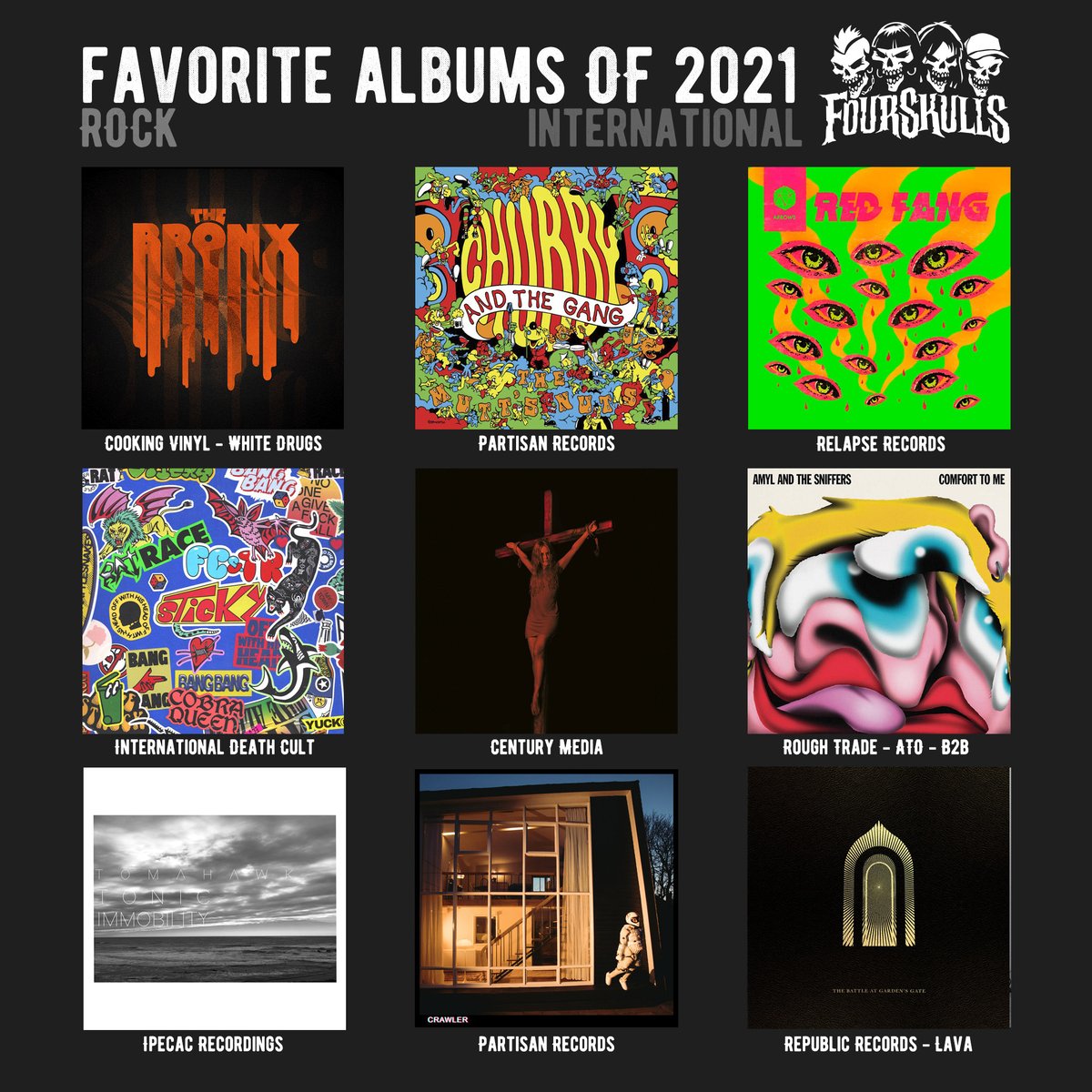 Four_Skulls's tweet photo. We continue with the selection of our favorite albums in 2021. It is the turn of #rock albums. #thebronxband, @chubbynthegang, @RedFang, @therattlesnakes, @LuciferTheBand, @amylandsniffers, #tomahawk, @idlesband and @GretaVanFleet https://t.co/sU4aEbqBXV