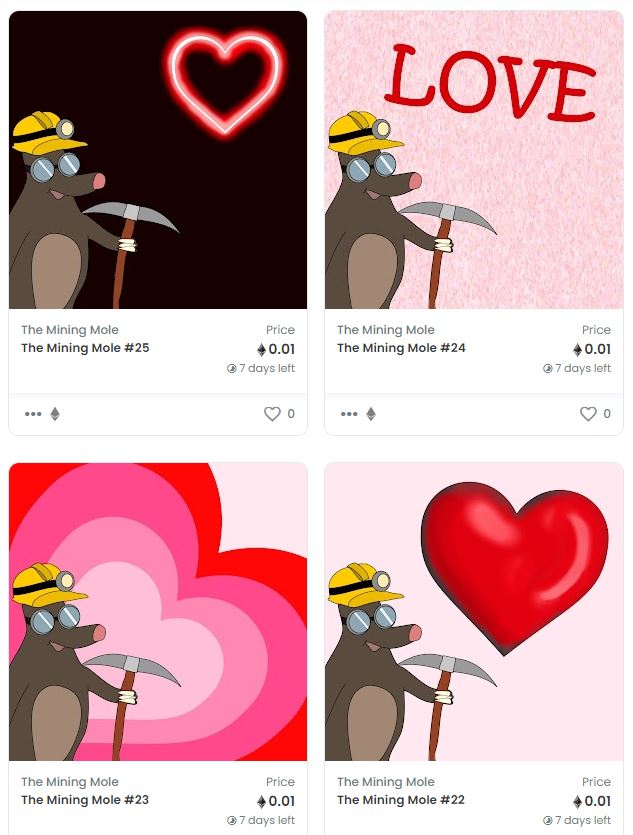 TheMiningMole's tweet photo. @NFTIrsyad Are you also into romance?
4 new 1/1 original and rare TheMiningMole collectible #NFTs are launched today. They are live on OpenSea for just 0.01 #ETH.
Perfect for #ValentinesDay  
As always, please check our website and OpenSea:
https://t.co/YcfNLV21LW
Let's spread the #love https://t.co/Kc8SJzgrbb