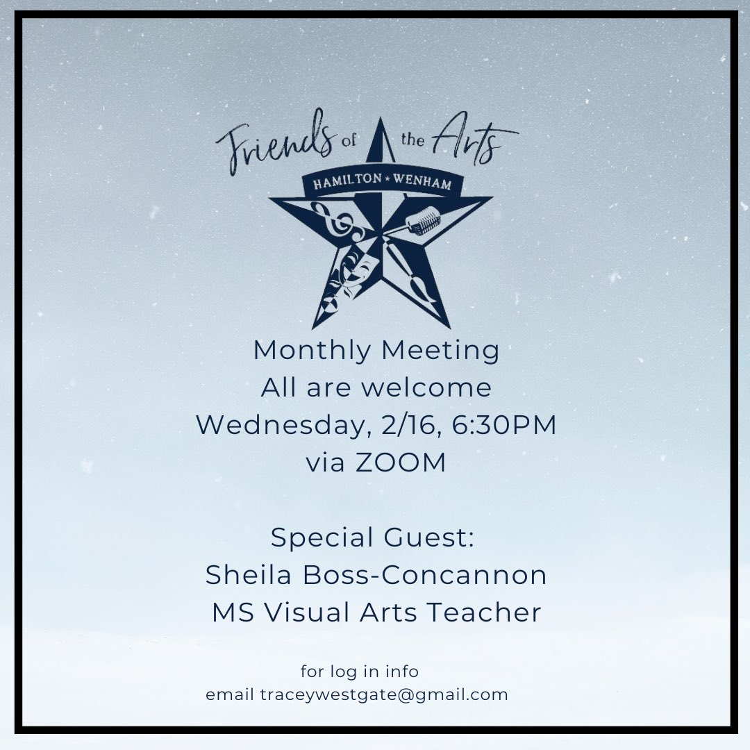 Love the arts? Want to support our awesome students and teachers? Join us on zoom next week to find out more about HW FOTA! 💙 🤍  <a href="/etracyhw/">Eric Tracy</a> <a href="/mslosee/">Kirsten Losee</a> <a href="/principalhovey/">Craig Hovey (he/him/his)</a> @CutlerSchool <a href="/WinthropEagle/">WinthropSchool</a> <a href="/BukerSchool/">Buker School</a>