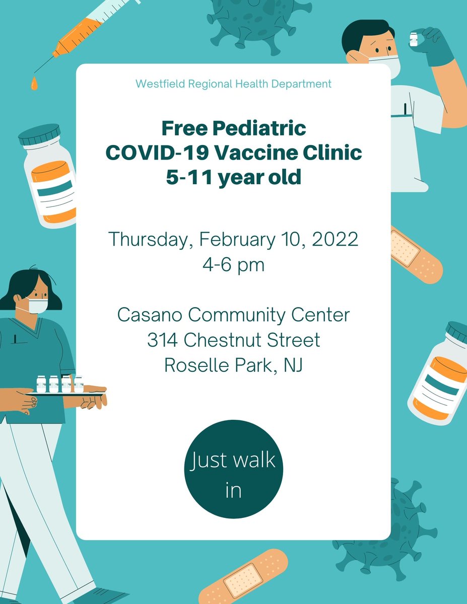 TownOfWestfield's tweet photo. The Westfield Regional Health Department is hosting a free COVID vaccination clinic in Roselle Park this afternoon for ages 5-11. Please see the details below. https://t.co/2W9gpPZrjw