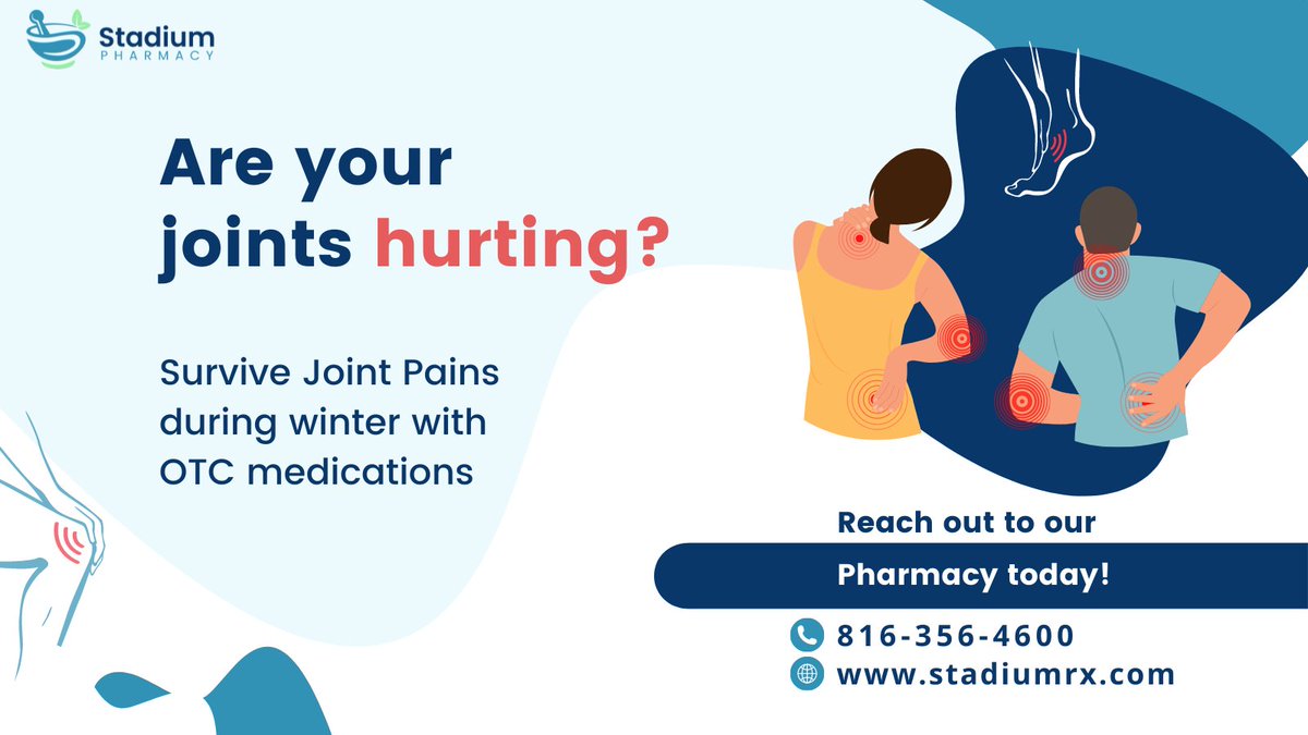 Are cold weathers causing joint pains? Survive joint pain during winter by choosing the best OTC medications - #OralMedication #Gels #Sprays #Creams #SkinPatches. What’s your choice? 

For quick advice, call us on 816-356-4600 

#stadiumpharmacy #stadiumrx #missouri