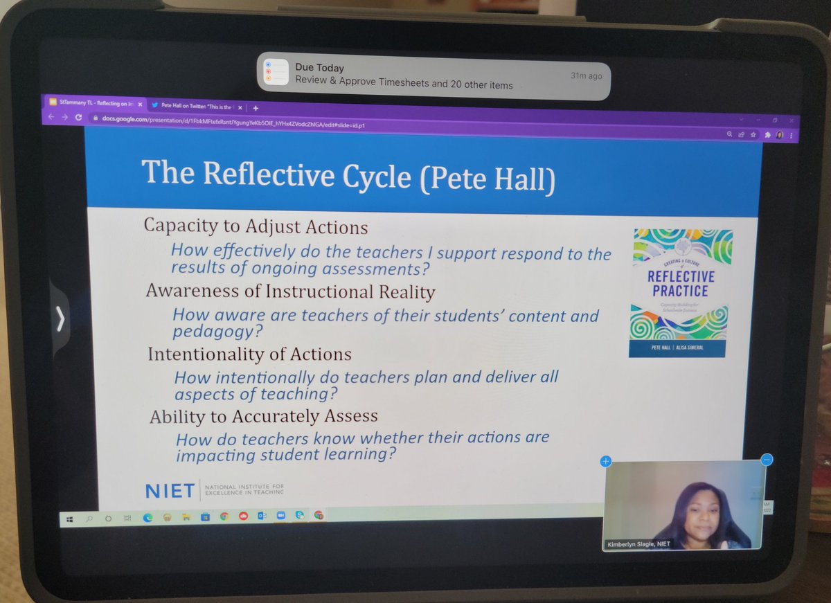 TheresaHamiton's tweet photo. .@NIETteach joining Senior Specialist @KimberlynSlagle as she supports @stppschools instructional coaches. They are reflecting on how they are using the reflective cycle to support schools. How do you know if your actions are impacting student achievement? #Noreflection=Nogrowth https://t.co/oPY062j9hp