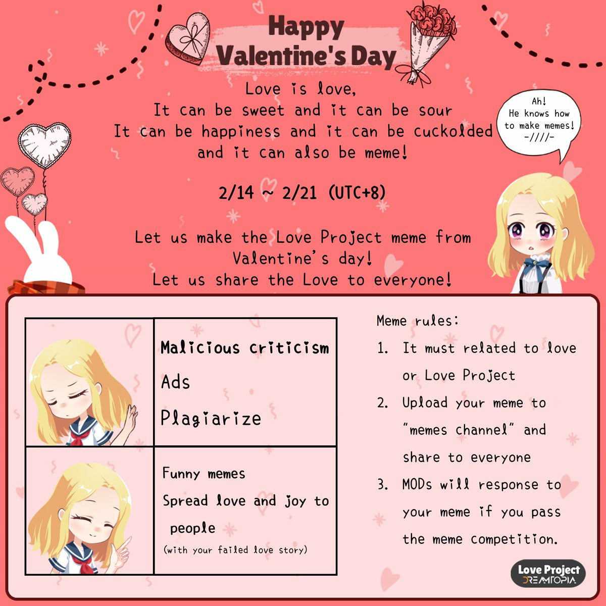 Dreamtopiafi's tweet photo. Limited Valentine #NFTGiveaway!
#AVAX #NFTCommumity 
Event Time: 2/14 ~ 2/21 (UTC+8)

1. Everyone whom participate the event can get Limited Valentine's Day Boy #NFT
2. 10 random lucky winners will get a Limited Valentine's Day Girl #NFT
3. 20 random lucky winners will get a #WL https://t.co/89jXhdxqad