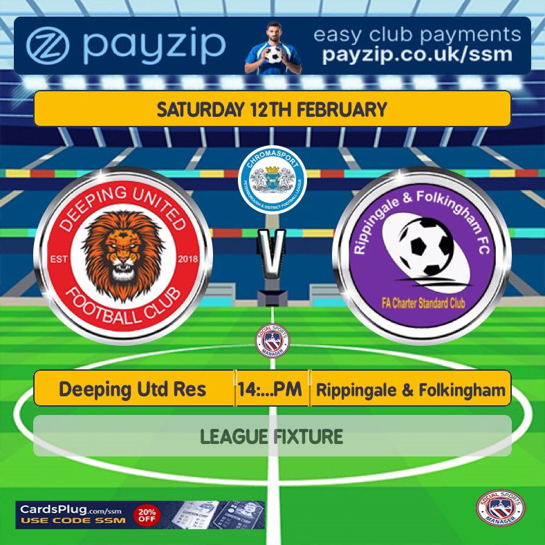 Deeping United Reserves host Rippengale &amp; Folkingham this Saturday. After our previous visit was not such a great success, we hope to turn it around this time. Only 2 games left of the season for us. Let’s make them both counter.
<a href="/Rip_FolkFC/">RFFC</a> 
@The_BGL_Group 
<a href="/DeepingUtdRes/">Deeping United Reserves</a>