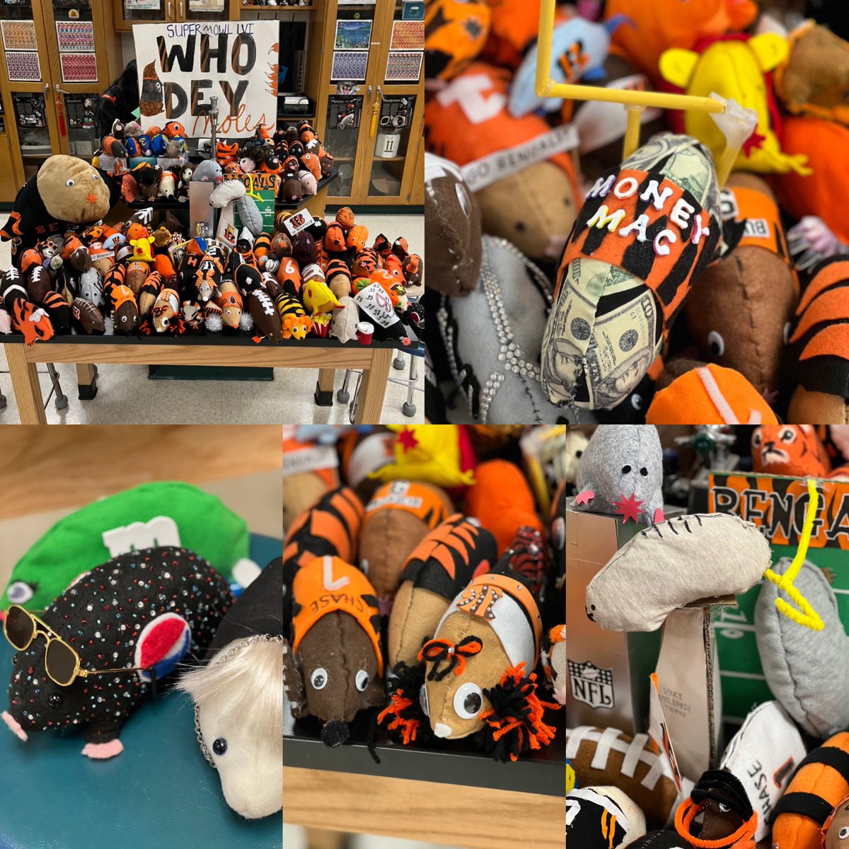 Robyn_R_Jordan's tweet photo. AP Chem @MasonHSComets took learning about Moles to the next level…all the way to the Super Mowl! We’ve got all of their fave @Bengals moles from @JoeyB @Real10jayy__ @McPherson_Evan, to @pepsi halftime show moles &amp; even the Vince “Mol”bardi trophy. #showyourstripes #WhoDey https://t.co/QM7eosdgTy
