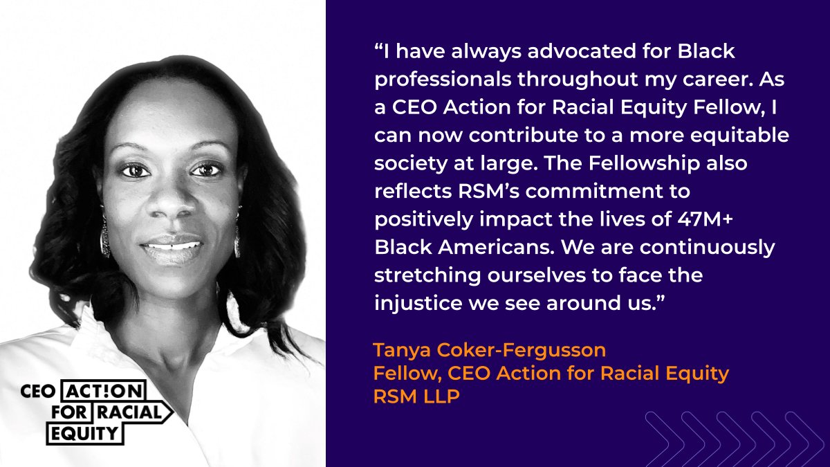 For the 100+ companies in CEO Action for Racial Equity, #BlackHistoryMonth is a reminder that change doesn’t happen overnight and requires collaboration beyond our four walls. <a href="/RSMUSLLP/">RSM US LLP</a> Fellow Tanya Coker-Fergusson reflects on what this means to her. bit.ly/3ANsCn9
