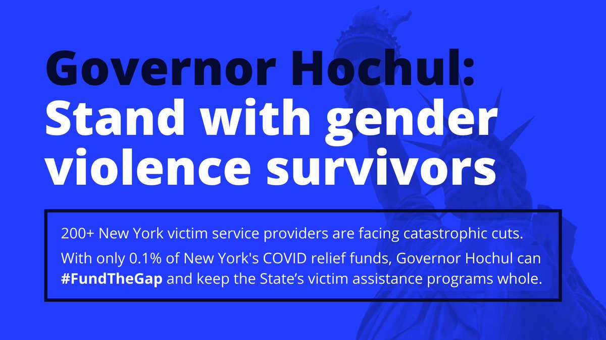 COVID-19 increased the number of survivors seeking services and the number of services survivors seek. 

It’s essential that New Yorkers continue to receive counseling, legal representation, and other services to build lives free from violence. <a href="/GovKathyHochul/">Governor Kathy Hochul</a> #FundTheGap