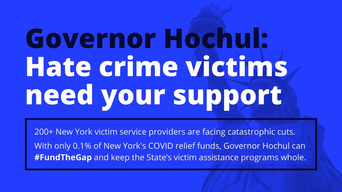 Domestic violence, sexual assault, hate crimes, and gun violence have risen sharply during the COVID-19 pandemic. 

<a href="/GovKathyHochul/">Governor Kathy Hochul</a>, you’ve got a record budget surplus — now is NOT the time to cut funding for victim services! #SaveVOCA #FundTheGap