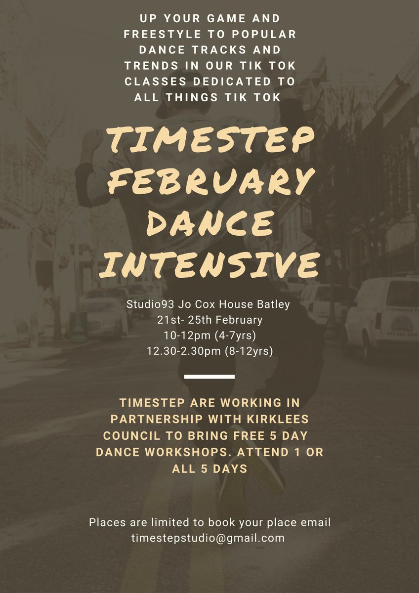 Timesteps are excited to present our FREE February Dance Intensive with Bradley Walmsley plus guest teachers 
Age 4-7 10.00-12.00
Age 8-12 12.30-2.30pm
If you would like your child to be considered for this amazing opportunity please email 
timestepstudio@gmail.com

#schoolsout