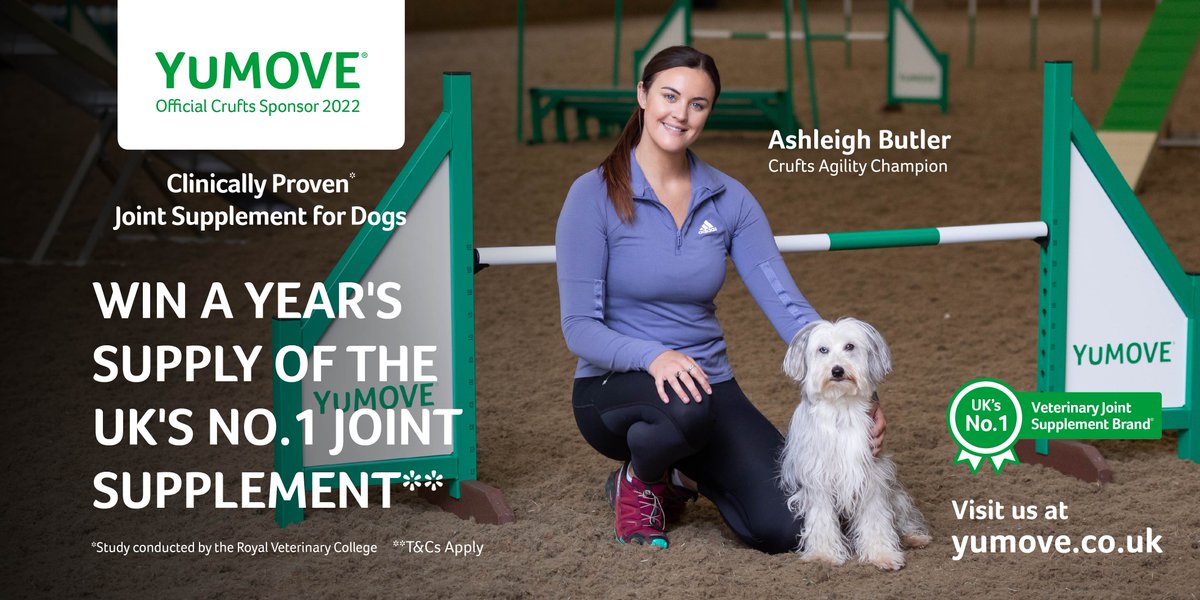 Crufts's tweet image. YuMOVE are the proud sponsors of Crufts 2022, to celebrate they are giving away a year’s supply of @YuMOVE for your dog💚

To win retweet this post and reply with a picture of how your dog lives their most active life! *T’s &amp;amp; C’s apply. For more info -bit.ly/34r7ffi