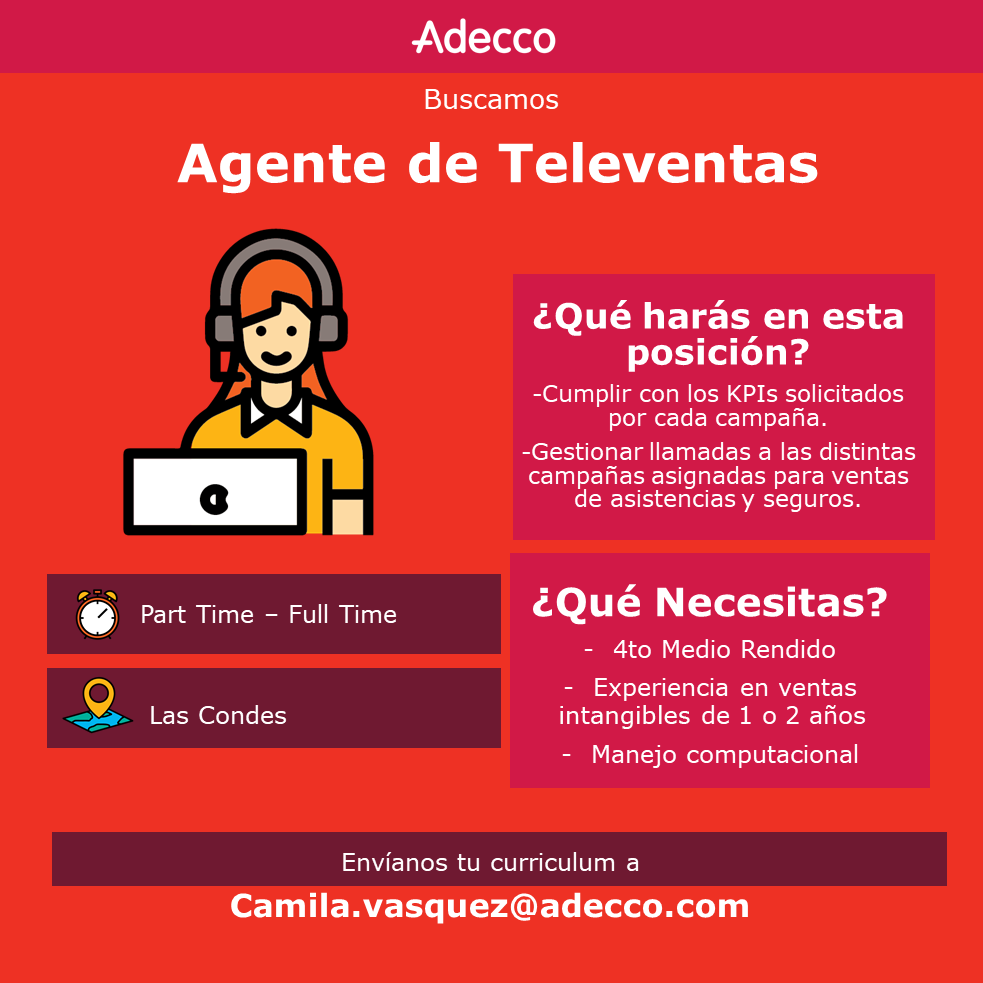 AdeccoChile's tweet photo. ⚠️  Atención ⚠️  Buscamos Agentes de Televentas ¡Envía tu Cv al correo camila.vasquez@adecco.com! #Trabajo #Televentas #LasCondes https://t.co/od6Xs0ewbR