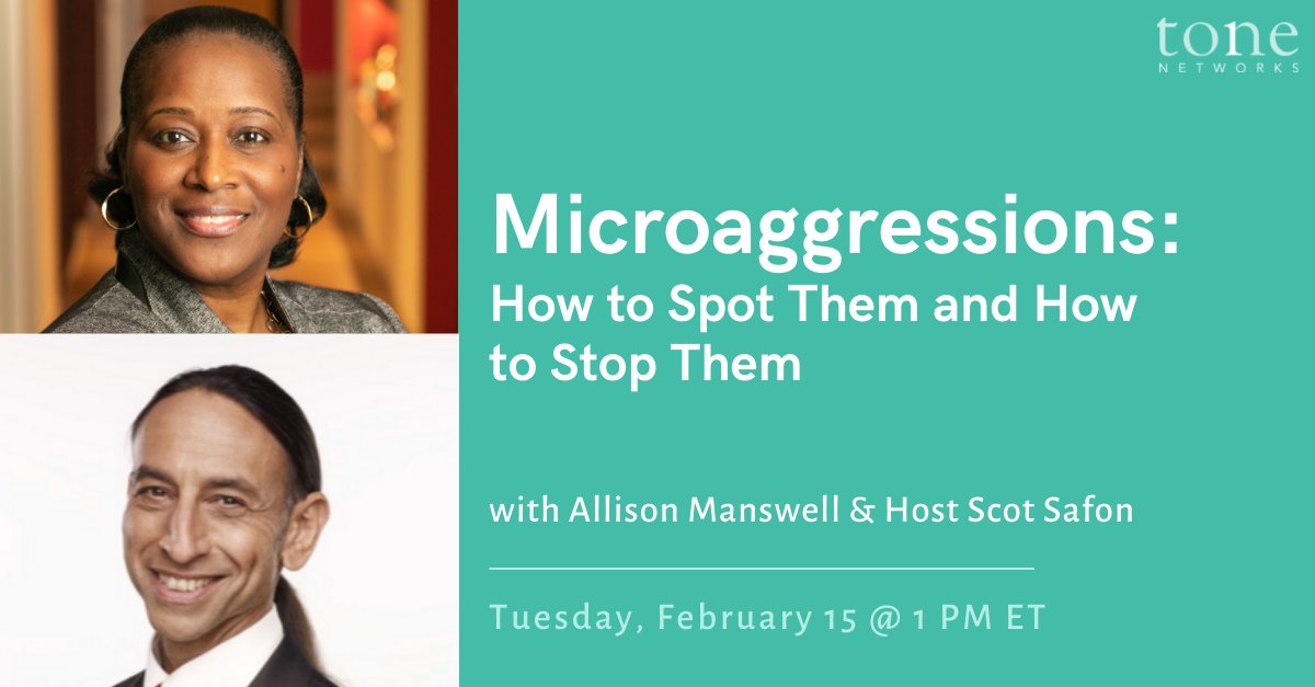 A microaggression can be obvious or subtle, intentional or unintentional but in the workplace they can have lasting and devastating effects. Please tune in to TONE Talks on Tuesday Feb.15 @ 1PM ET. 
hubs.la/Q013VXcc0
#microagressions #coaching #setthetone #advice