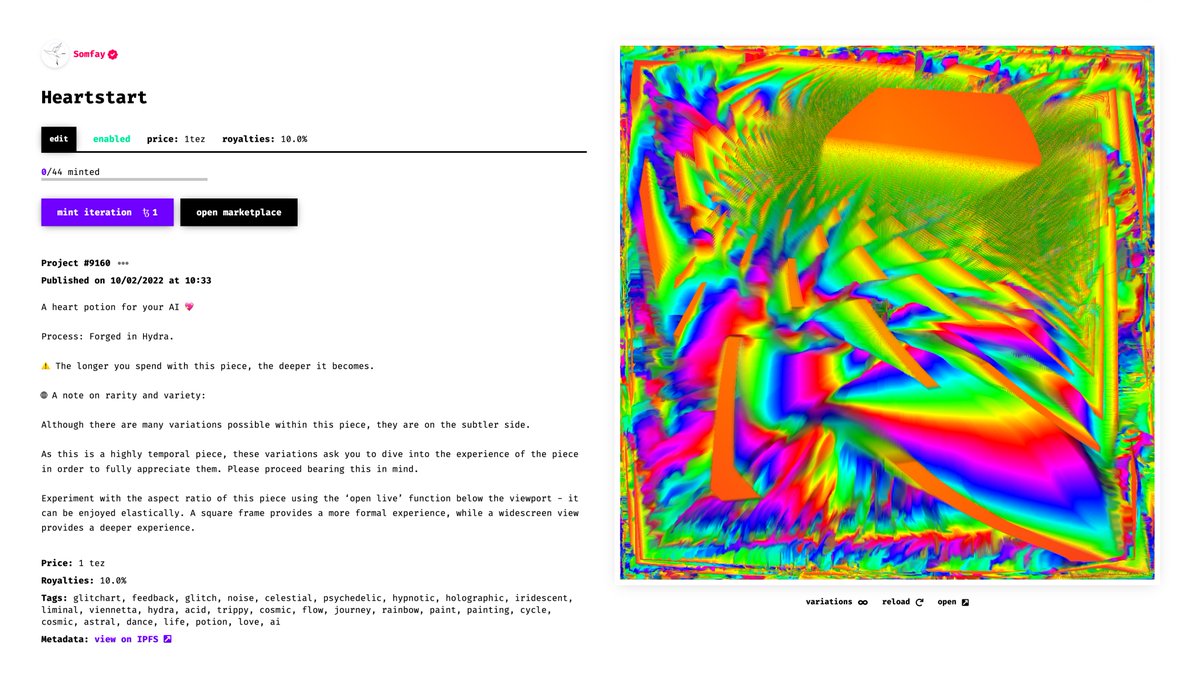 s0mfay's tweet image. Heartstart
A heart potion for your AI 💖
fxhash.xyz/generative/9160
Edition of 44 @ 1 XTZ.