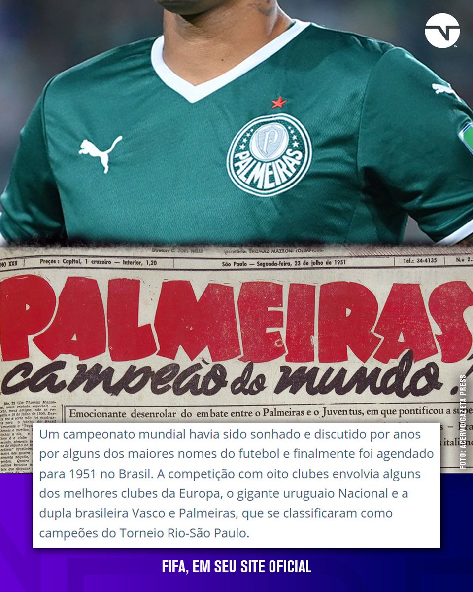 TNTSportsBR's tweet photo. Através de seu site oficial, a FIFA relembrou a disputa da Copa Rio de 1951, realizada no Brasil, com o Palmeiras conquistando o título naquela oportunidade! 🟢⚪ #MundialDeClubes https://t.co/u04nvpW3sY