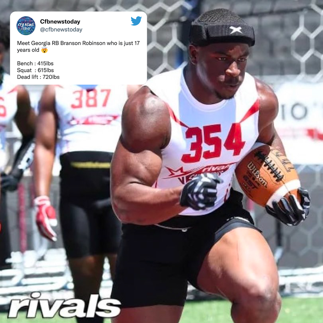 ESPNCFB's tweet photo. 17-year-old @GeorgiaFootball RB signee Branson Robinson is built different 🤯 

(h/t @cfbnewstoday) https://t.co/hwUXBnPLwj