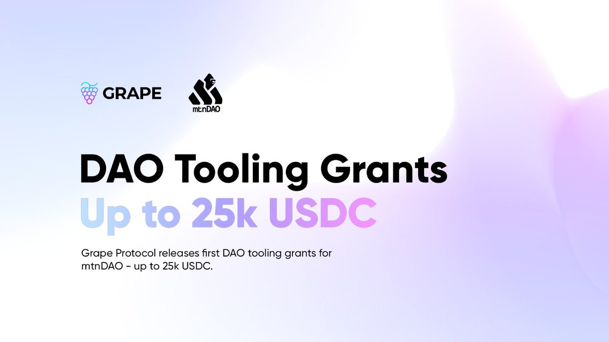 🥁🥁
Here is the first batch of the DAO tooling grants we launched for @mtnDAO ⛰️

Looking forward to all the buildooors who'll participate for a chance to win from a prizepool of up to 25k USDC(!) 🚀
<a href="/meanfinance/">Mean Finance</a> <a href="/streamflow_fi/">Streamflow</a> <a href="/solrealms/">Realms (Old Account)</a> 

deanmachine.medium.com/grape-protocol…