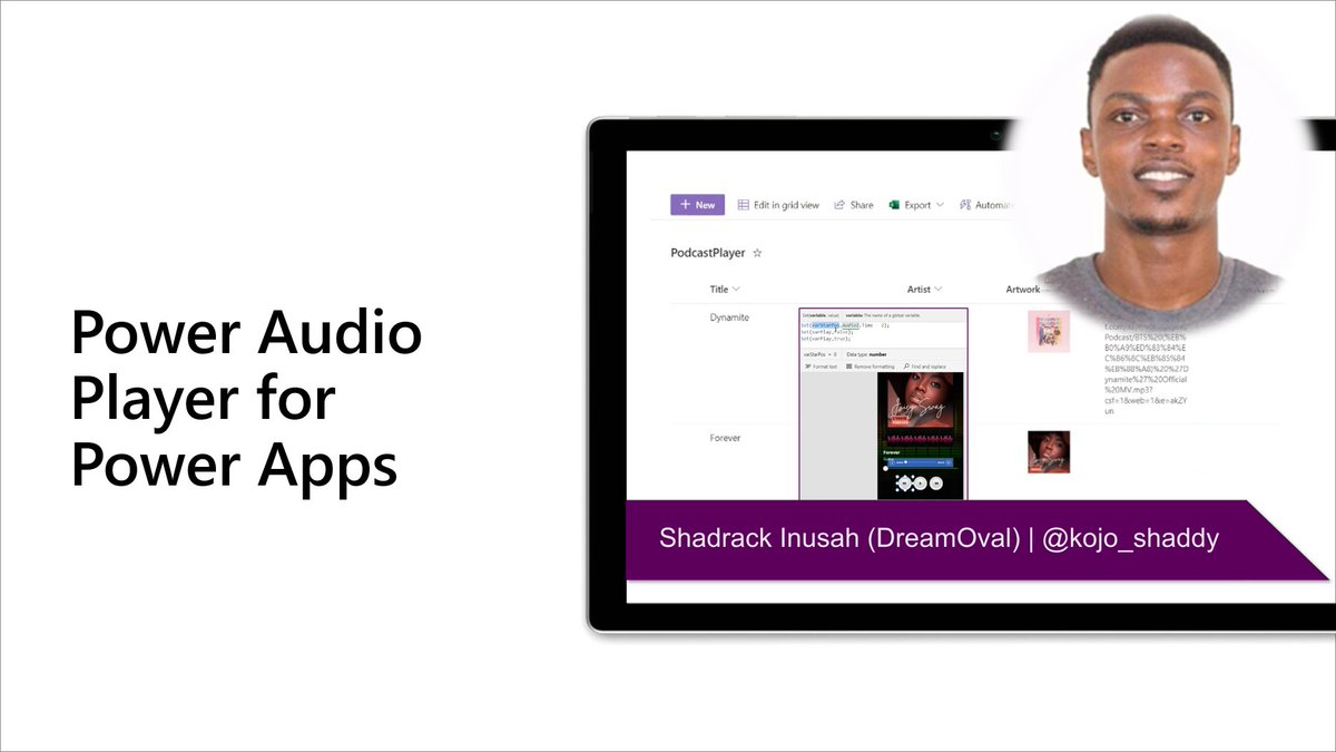 Microsoft365Dev's tweet photo. 🤩 Great #Microsoft365Dev community demo by @kojo_shaddy on Power Audio Player for #PowerApps

✔ mobile audio player
✔ integrated with a SharePoint list 
✔ learn how the out-of-box audio control was modified to look and function different

Watch 📺 → https://t.co/IX5abkYILv https://t.co/wN5SgjtOHm