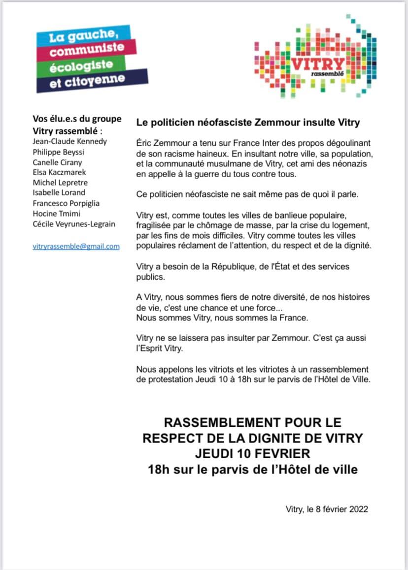 PSavoldelli94's tweet photo. 🚨 Soutien aux élues et élus des communes qui ont fait l'objet des propos odieux d'@ZemmourEric. 

Démonstration ce soir à @mairievitry, 18h, de ce qui fait notre force face à lui : le rassemblement. https://t.co/1OD0pHZKfi