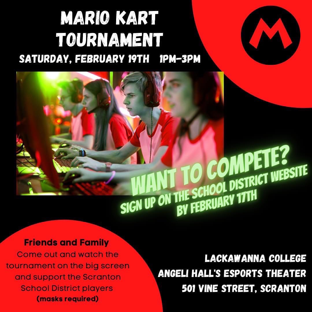 SSD_Scranton's tweet photo. Any high school student interested in competing in an Esports Mario Kart Tournament at Lackawanna College's Esports Theater on Saturday, February 19th from 1:00 - 3:00pm can register via the form linked below by February 17th! 

https://t.co/9aS2xlAnnx https://t.co/CFukl6ld8D
