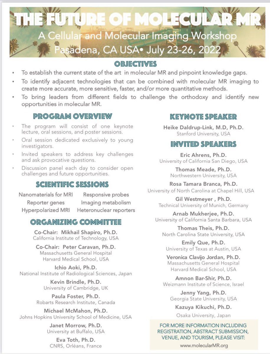 Want to discuss the future of molecular MRI in an intimate setting? Join a phenomenal lineup of speakers at this intimate meeting at <a href="/Caltech/">Caltech</a>. 🌴 July 23-26, 2022. Abstracts due March 18. 
👇
molecularmr.org