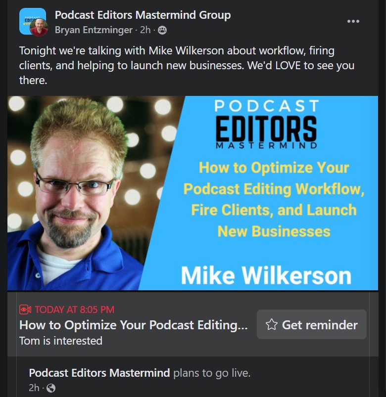 VoiceFarm's tweet photo. Be sure to join our Founder, Mike Wilkerson, tonite as he shares workflow tips, details on "firing clients" &amp; building a business tonite via The Podcast Editor Mastermind Group! https://t.co/uDp9sPm8pI https://t.co/mYntc4e1pf
