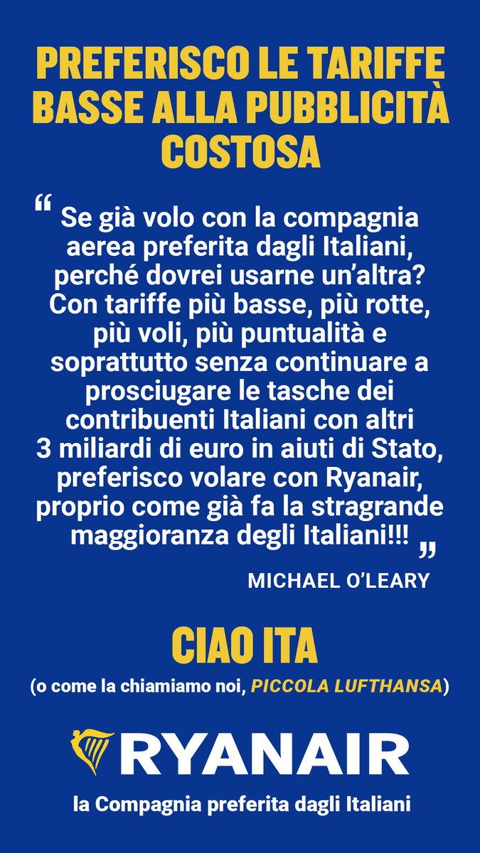 Ryanair_IT's tweet photo. CIAO @ITAAirways  🇮🇹 o come la chiamiamo noi, PICCOLA LUFTHANSA 

Con amore dalla compagnia aerea preferita dagli Italiani https://t.co/NfnRJy2hWX