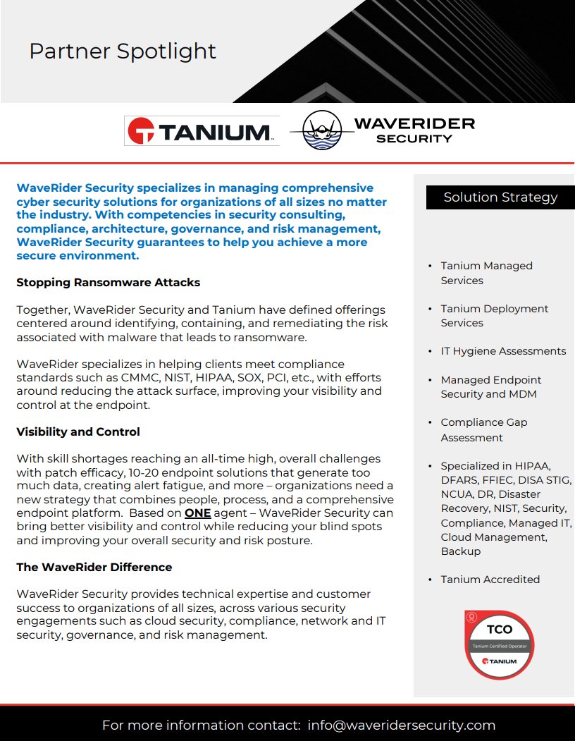 Secur2Waverider's tweet photo. WaveRider Security, who is powered by @Tanium delivers #managedservices, managed #ITSecurity, #Compliance, deployment #Services, #Consulting and more. No matter the size, we are here to provide solutions for organizations. #Security #IThygiene #Cybersecurity #Solution #Visibility https://t.co/MyraI7Ft9V
