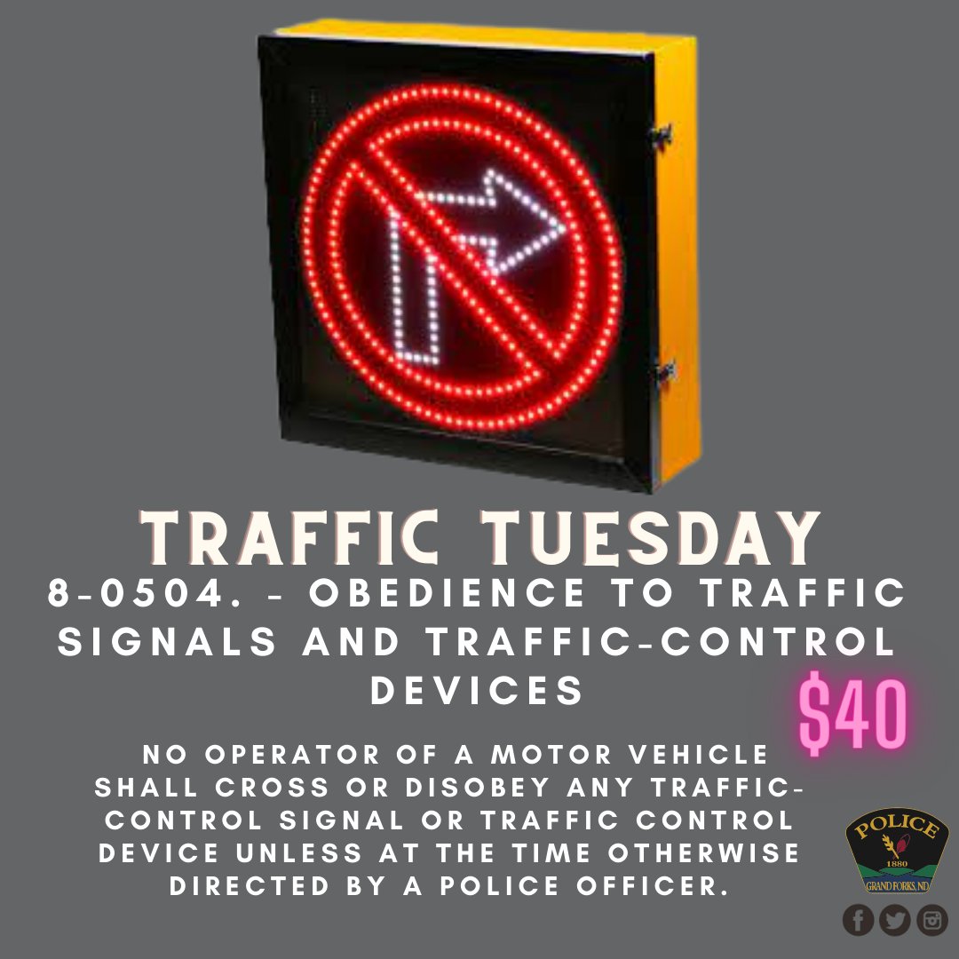 #TrafficTuesday is a little late this week due to special circumstances. These are meant to reduce crashes by not allowing right turns at certain times. The fine for this is $40. 
#GFPD #GrandForksFinest #GrandForksPD