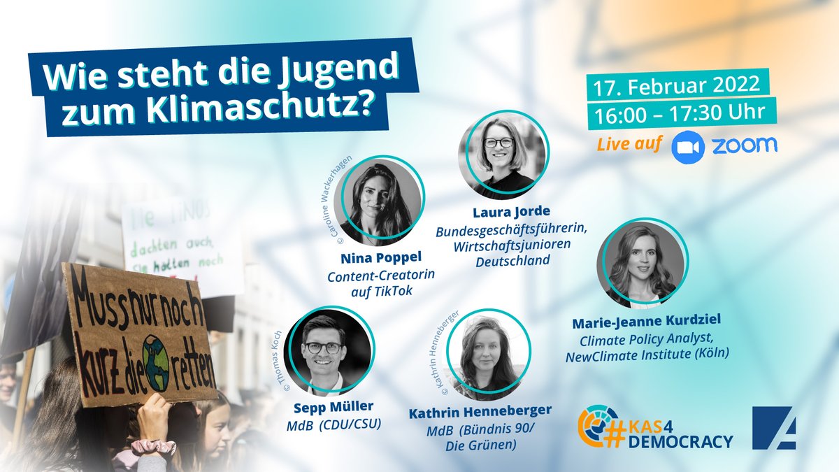 KASonline's tweet photo. #Klimaschutz gehört zu den Themen, die junge Menschen am meisten bewegen. Mit spannenden Gästen &amp; hoffentl. vielen jungen Teilnehmenden diskutieren wir am 17.2. über ihre Einstellungen &amp; Erwartungen an eine generationengerechte Klimapolitik. #KAS4Democracy
https://t.co/QIf02if96h https://t.co/YX82RyY7up