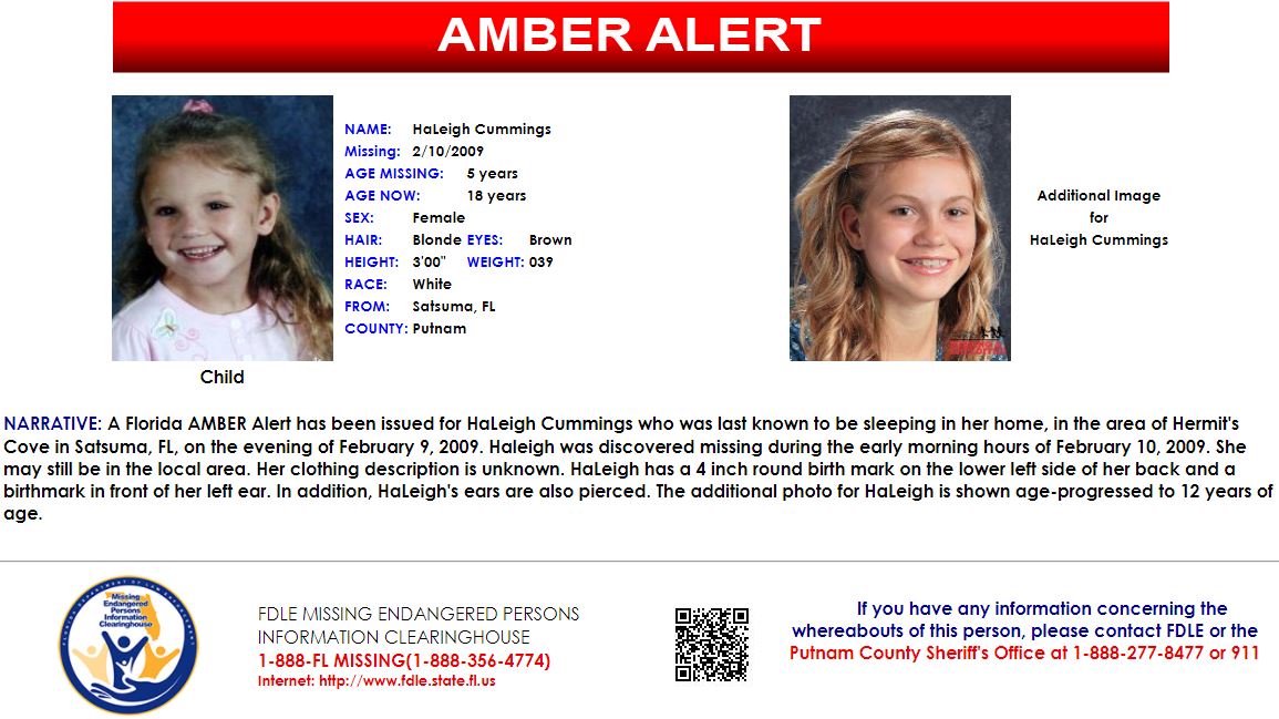 Help find HALEIGH CUMMINGS! Please share! 
On this day in 2009, Haleigh was reported missing from Satsuma, FL. She was just 5. The #FLAMBER Alert is still active! Please call the Putnam County Sheriff’s Office at 1-888-277-8477 or 911 if you have information. 
#Unsolved#ColdCase