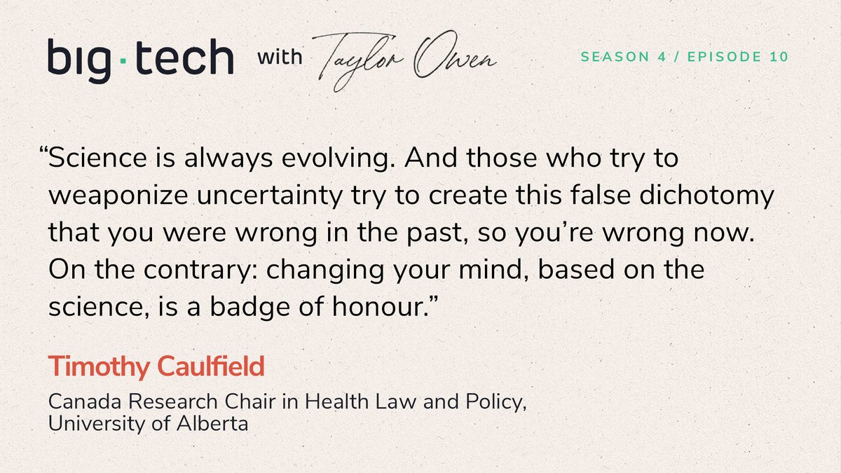 .@CaulfieldTim, professor of health law and science policy, joins #BigTechPodcast's @taylor_owen to discuss how the Joe Rogan/Spotify COVID misinformation controversy reflects a moment of mistrust in science and the weaponizing of the scientific process: link.chtbl.com/bigtech-s4e10