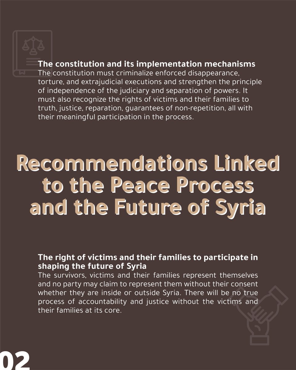 MassarFamilies's tweet photo. On the first anniversary of the launch of the Truth and Justice charter, these are our recommendations for the international community regarding the issue of enforced disappearance in Syria.
#TruthandJusticeFirst
@FamiliesSyria
@taafi_SY
@Caesarfamilies
@SaydnayaPrison https://t.co/5cuYjRtsij