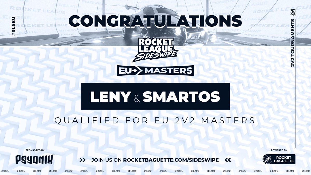 RocketBaguette's tweet photo. 🏆 The first qualifier of the #RLSideswipe EU 2v2 Masters #RLSEU is over!

Two duos are making it to the League Play!

✅ @WinexRLSS &amp; @Pamplemousse721 
✅ Leny &amp; Smartos

Join us next week for more 1v1 &amp; 2v2 qualifiers! https://t.co/hZ75u7HkP3