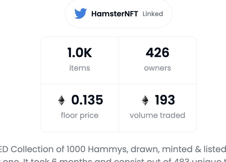 HamsterNFT's tweet photo. ⏱ 8 months ago, Hammys were born. And I’m still REALLY proud on having finished and sold all 1000 Hammys. And all while having a 32hr/week day job, 2 kids and a wife and ‘only’ do NFTs 3 nights a week. Love it! ❤️🐹 Also… ALMOST 200 ETH volume and daily sales as well… 🤯 https://t.co/iJeGAjVLGz