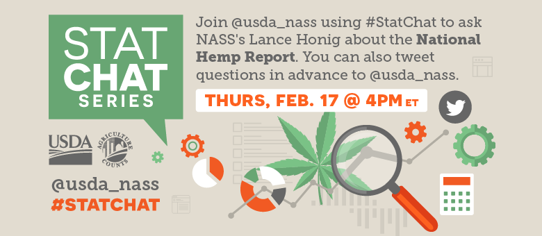 usda_nass's tweet photo. On Thursday, Feb. 17 at 4 p.m. ET, join @usda_nass Crops Branch Chief Lance Honig to discuss the results of the 2021 Hemp Acreage and Production Survey. Follow the conversation and ask questions using #StatChat. https://t.co/i6V9jQ34jo