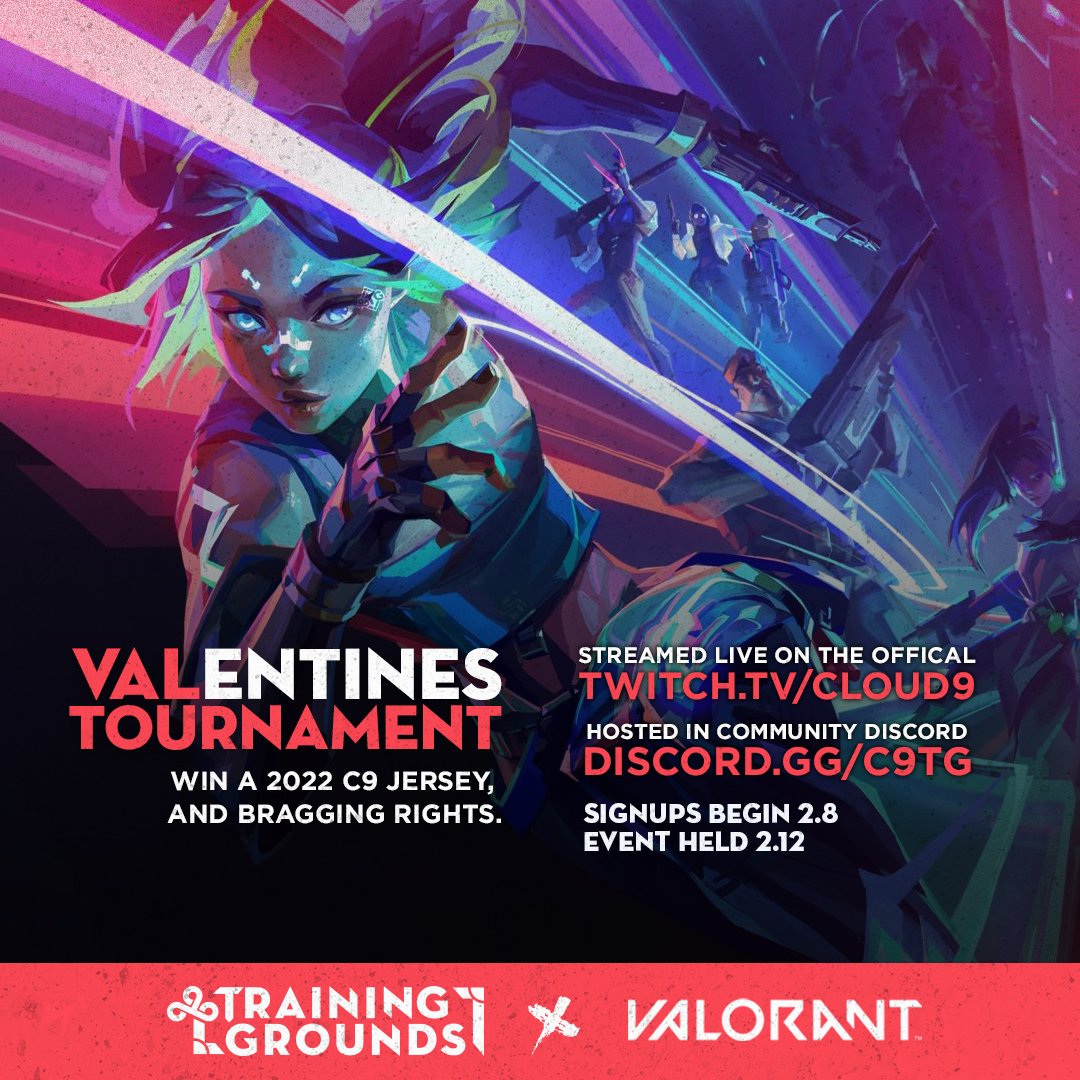 ⚠️FREE TOURNAMENT⚠️

Join TG for a FREE <a href="/PlayVALORANT/">VALORANT</a> tournament to celebrate Valentine's Weekend the RIGHT way!😎

Prizes include Official <a href="/Cloud9/">Cloud9</a> 2022 Jerseys!

TO ENTER:

1️⃣ Join the TG discord - bit.ly/3zdDbzd
2️⃣Register at this link - bit.ly/3JdwXCY

GL HF!