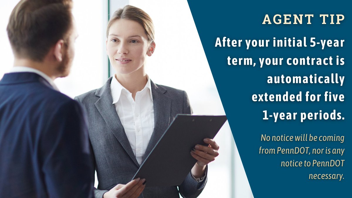 PaAssocNotaries's tweet image. #AgentTip

After you initial 5-year term, your contract is automatically extended for five, one year periods.

Only notify PennDOT if you do not want to renew your contract. Notification must be sent to PennDOT within 30 days prior to your contract’s expiration date.