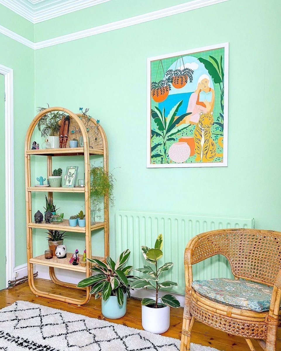 Spending the rest of winter in this pastel room. 🌴 Photo from 53houseplantsandme Art by 83Oranges