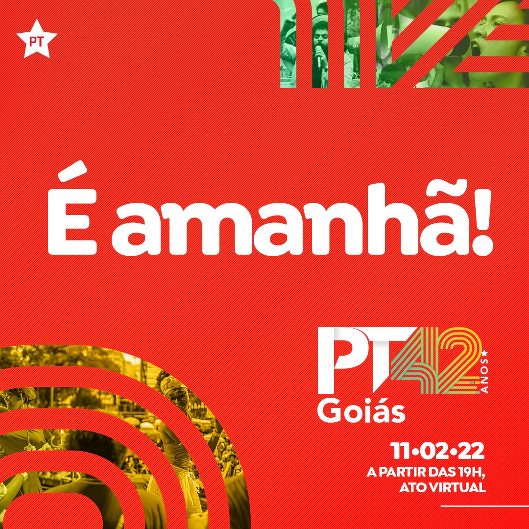 ⭐ 42 Anos do PT Goiás ⭐
 
Um encontro de Goiás com o povo goiano!
 
🚩 19h - Ato Virtual em comemoração ao aniversário do PT e lançamento dos Comitês Populares de Luta em Goiás.
 
✊🏾 Viva o Partido dos Trabalhadores e das Trabalhadoras!
 
Kátia Maria
Presidenta PT/Goiás