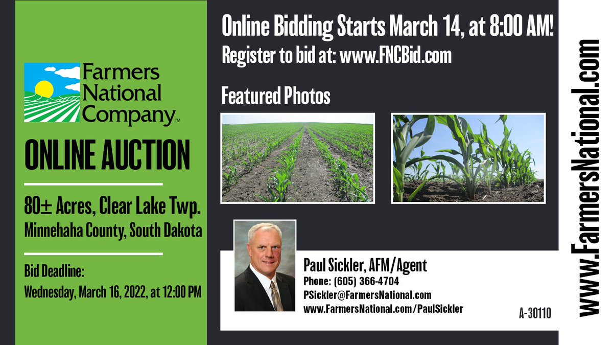 Online Only Auction!
This online-only #auction presents a great opportunity to purchase a productive parcel of western Minnehaha County farmland. This farm has a high percentage of cropland acres &amp; respectable soil ratings.
farmersnationalco.com/A-30110
#realestateinvesting #RealEstate