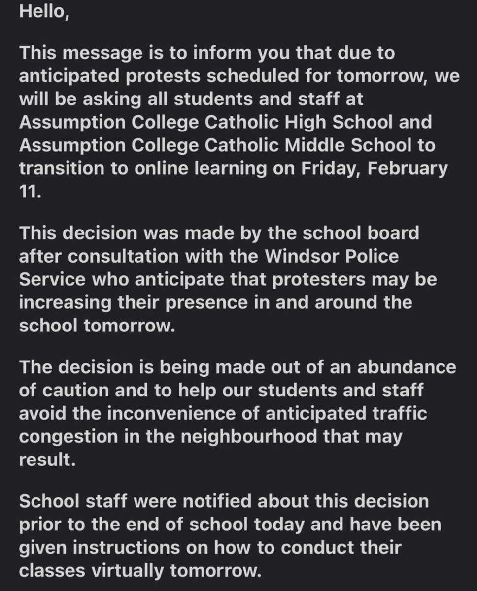 BREAKING - Assumption College Catholic High School in Windsor is moving to online learning…

Due to the same protestors who want all kids in school.