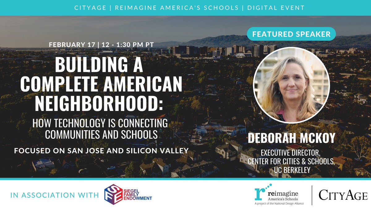 Center for Cities + Schools, UC Berkeley (@citiesschoolsuc) on Twitter photo <a href="/CitiesSchoolsUC/">Center for Cities + Schools, UC Berkeley</a> Director Dr. Deborah McKoy is excited to join <a href="/CityAge/">CityAge</a>, <a href="/ReimagineAS/">Reimagine America's Schools</a>, and <a href="/siegelendowment/">Siegel Family Endowment</a> on February 17th for Building a Complete American Neighborhood: How Technology is Connecting Communities and Schools.
Register here (for free!): cityage.zoom.us/webinar/regist… <a href="/CitiesSchoolsUC/">Center for Cities + Schools, UC Berkeley</a> Director Dr. Deborah McKoy is excited to join <a href="/CityAge/">CityAge</a>, <a href="/ReimagineAS/">Reimagine America's Schools</a>, and <a href="/siegelendowment/">Siegel Family Endowment</a> on February 17th for Building a Complete American Neighborhood: How Technology is Connecting Communities and Schools.
Register here (for free!): cityage.zoom.us/webinar/regist…