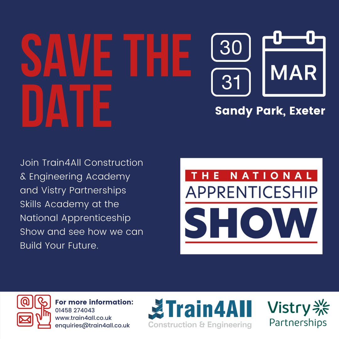 Train4All's tweet photo. 📢 Save the date! Train4All and @teamvistrypsw  are exhibiting at the South West National Apprenticeship Show on the 30th &amp; 31st March 2022! Hope to see you there! 

#NASSOUTHWEST #earnwhileyoulearn #SouthWest #Somerset #Devon #Dorset #Cornwall #VistryPartnershipsSouthWest https://t.co/mEwBpvRsGu