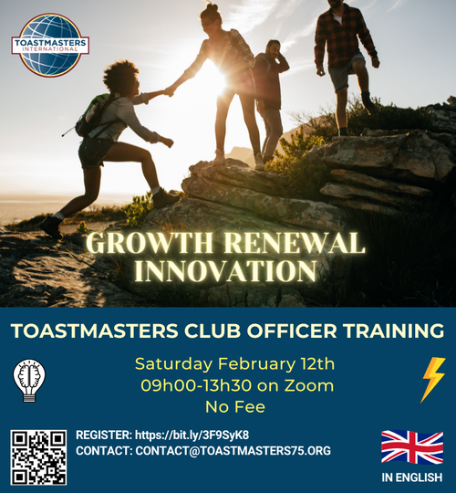 toastmasters59's tweet photo. Our Div A is running a Club Officer Training this 12th of February
https://t.co/cX9zCw4r0d
If you're Club Officer it's a new opportunity to progress and give DCP pts to your Club
If you're curious it's a good way to learn Toastmasters secrets
Register https://t.co/BOJ2LPYFBh https://t.co/5l9RRL9CiF