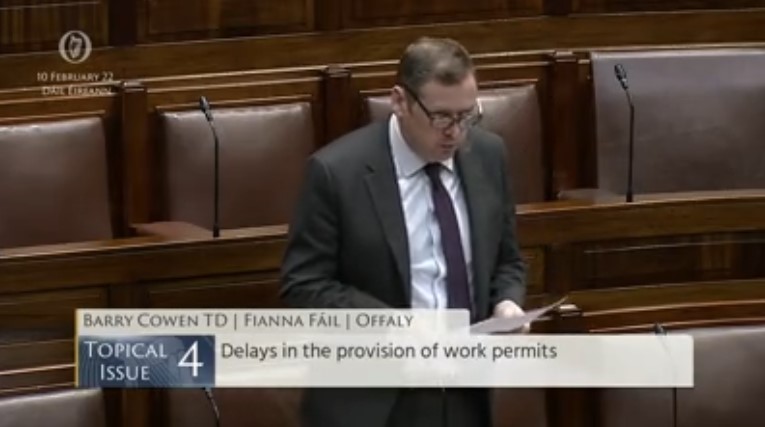 OireachtasNews's tweet photo. #Dáil Topical Issue 4 @CowenBarry - To the Minister for Enterprise, Trade and Employment: To discuss delays in the provision of work permits. https://t.co/MPlds7WezG #seeforyourself https://t.co/YFCBMMhDQJ